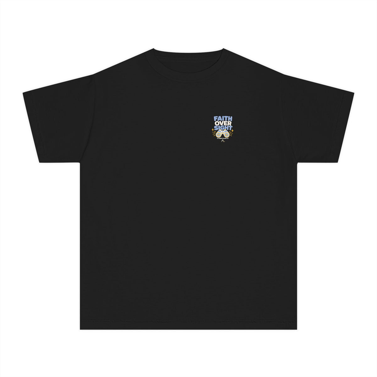 Faith Over Sight Youth Tee, Black, front view, small chest emblem, FAITH OVER SIGHT., 2 Corinthians 5:7 (KJV)