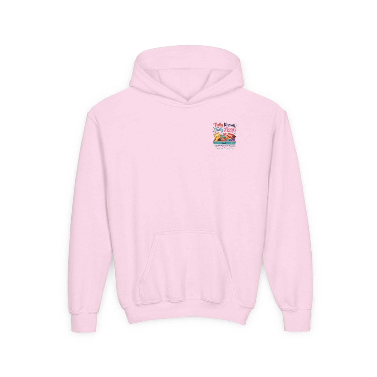 Fully Known Youth Hoodie, kids' hoodie, Light Pink, front view, FULLY KNOWN, FULLY LOVED., Psalm 139:1 (KJV)