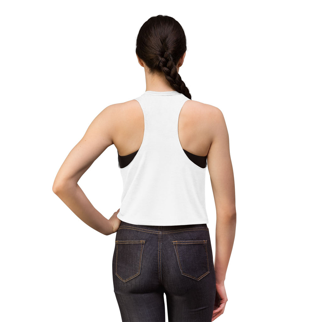 Walking With God Crop Tank, crop tank, Solid White Blend, back view, worn by a woman, WALKING WITH GOD., Genesis 5:24 (KJV)
