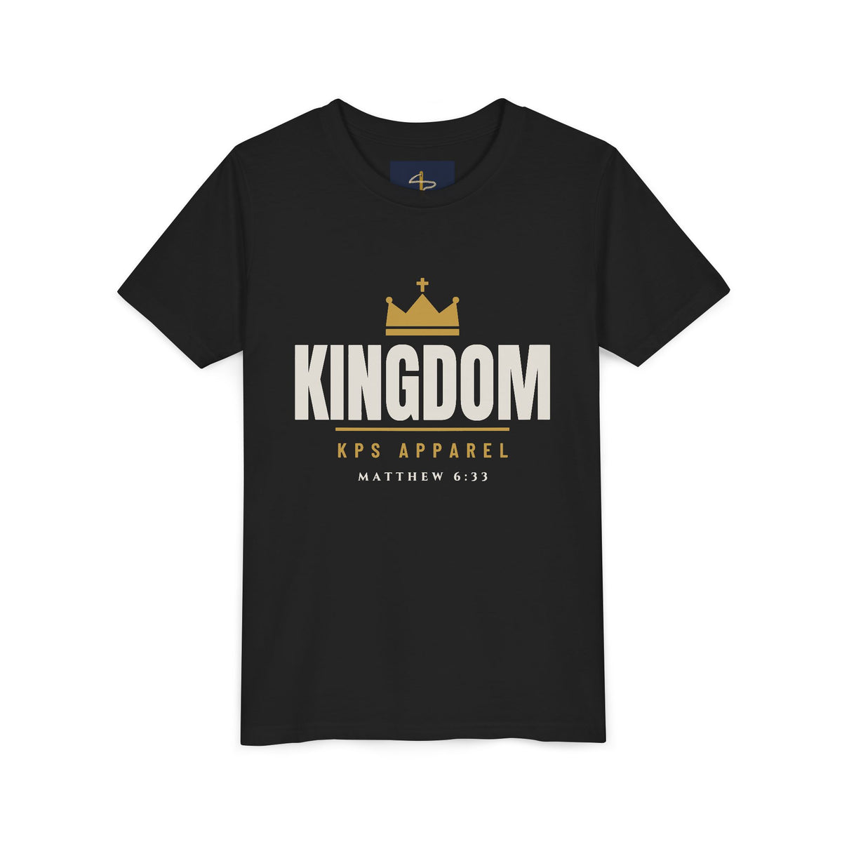 Kids Kingdom Tee in Black, flat front view, front print: crown and KINGDOM wordmark, Matthew 6:33 (KJV)