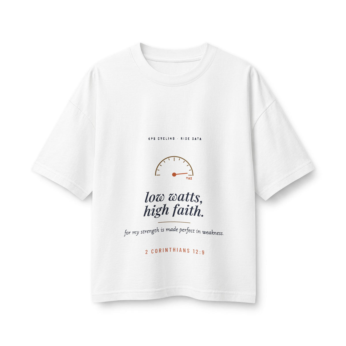 Low Watts High Faith Women's Boxy Tee, White, front view, LOW WATTS. HIGH FAITH. 2 Corinthians 12:9 (KJV)