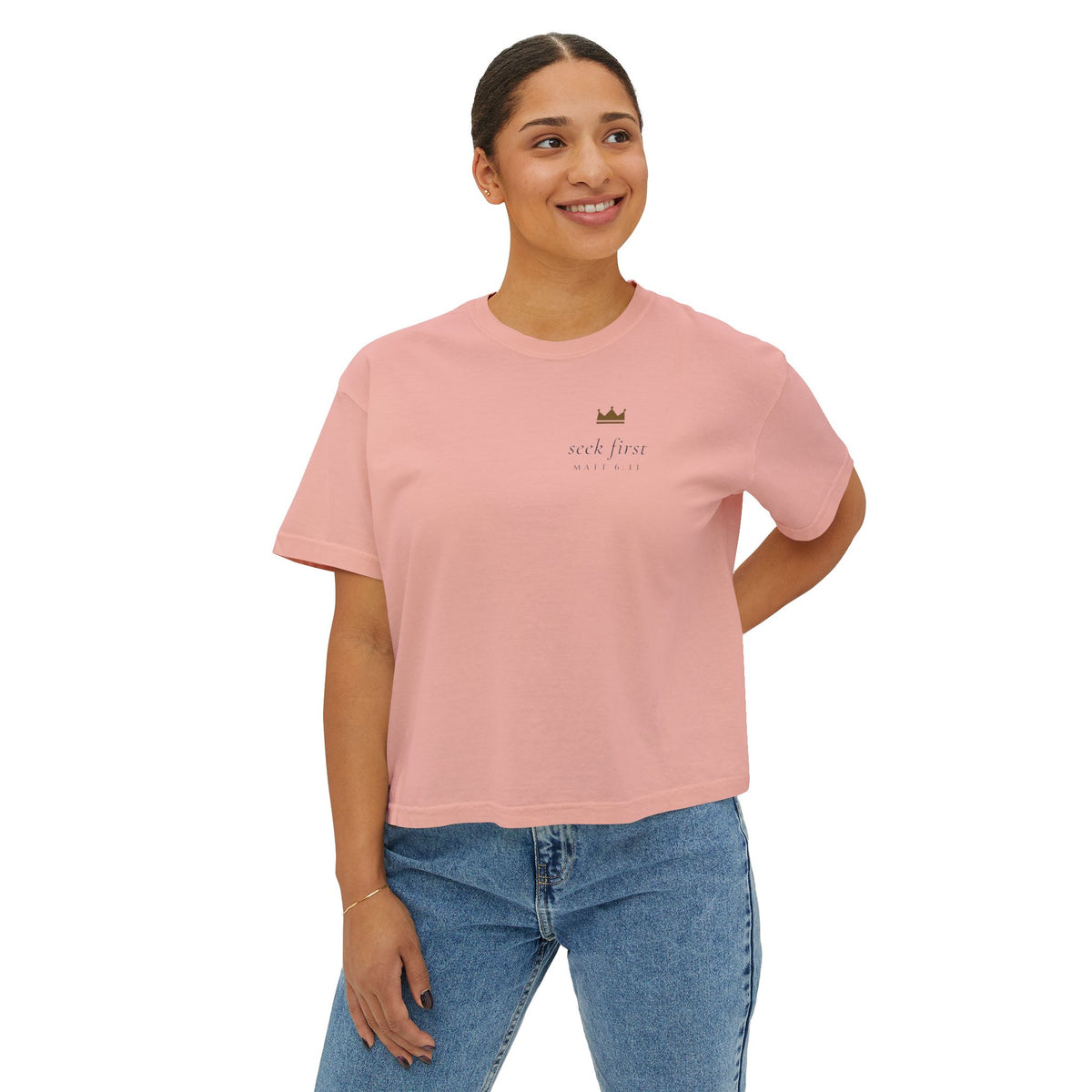 Seek First Minimal Crop Tee, t-shirt, Peachy, front view, worn, SEEK FIRST., Matthew 6:33 (KJV)