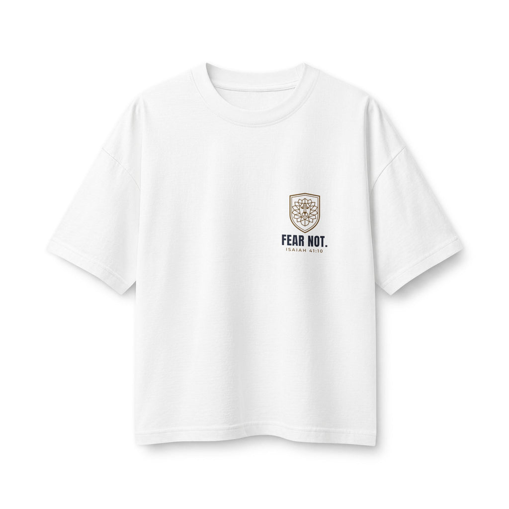 Fear Not Lion Women's Boxy Tee, White, front view, small chest print, FEAR NOT., Isaiah 41:10 (KJV)