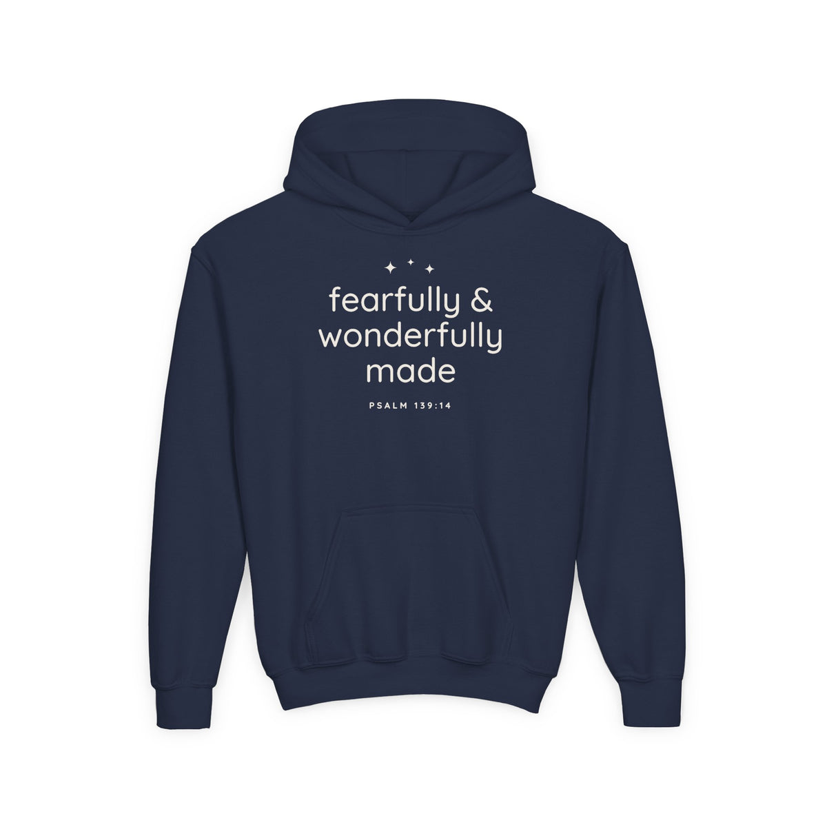 Fearfully & Wonderfully Made Youth Hoodie, youth hoodie, Navy, front view, FEARFULLY & WONDERFULLY MADE., Psalm 139:14 (KJV)