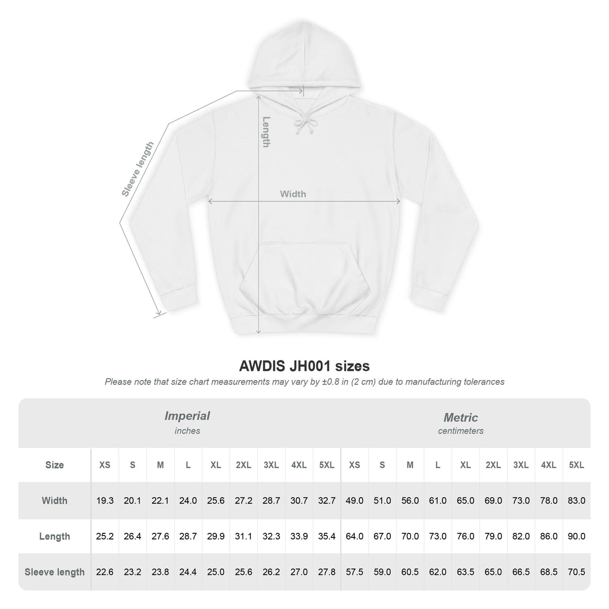 Walk in Love Hoodie, size chart with measurements