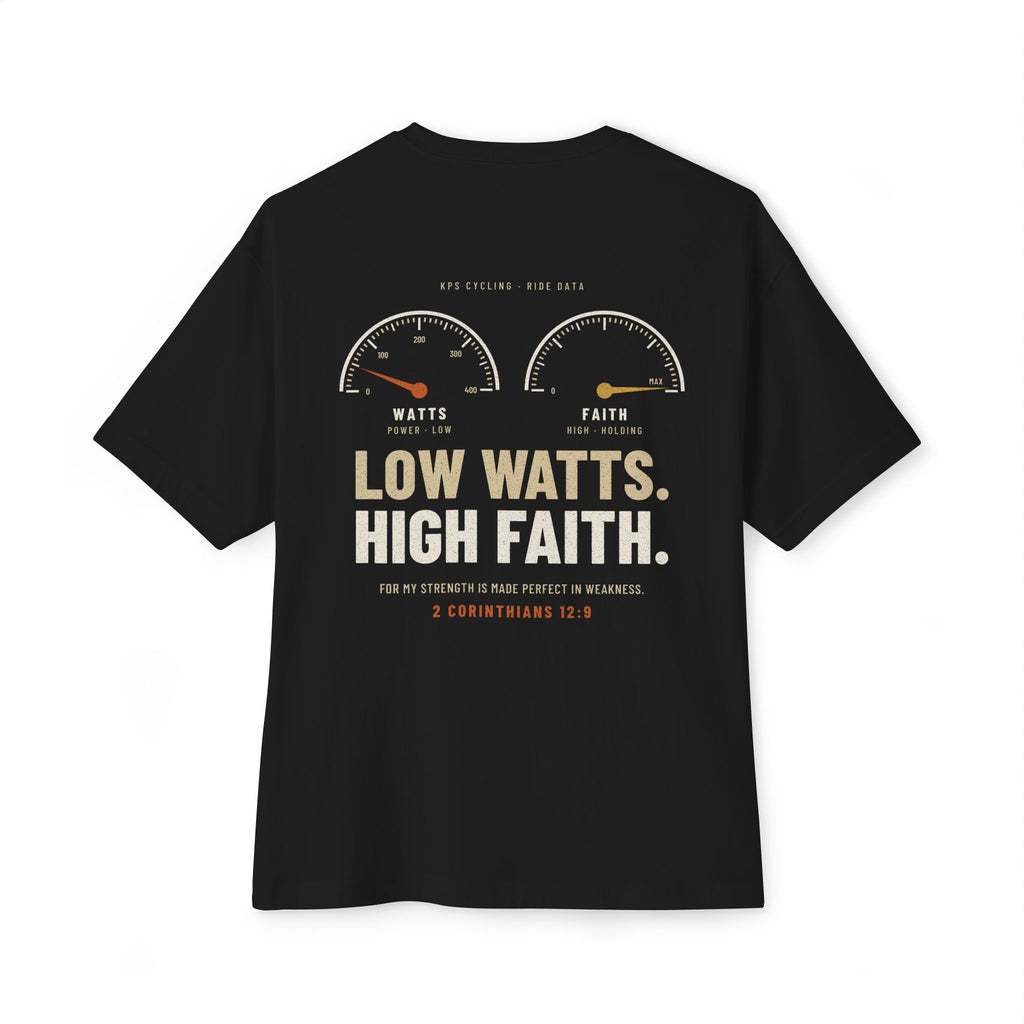 Low Watts High Faith Cycling Tee, Black, back view, LOW WATTS. HIGH FAITH. 2 Corinthians 12:9 (KJV)