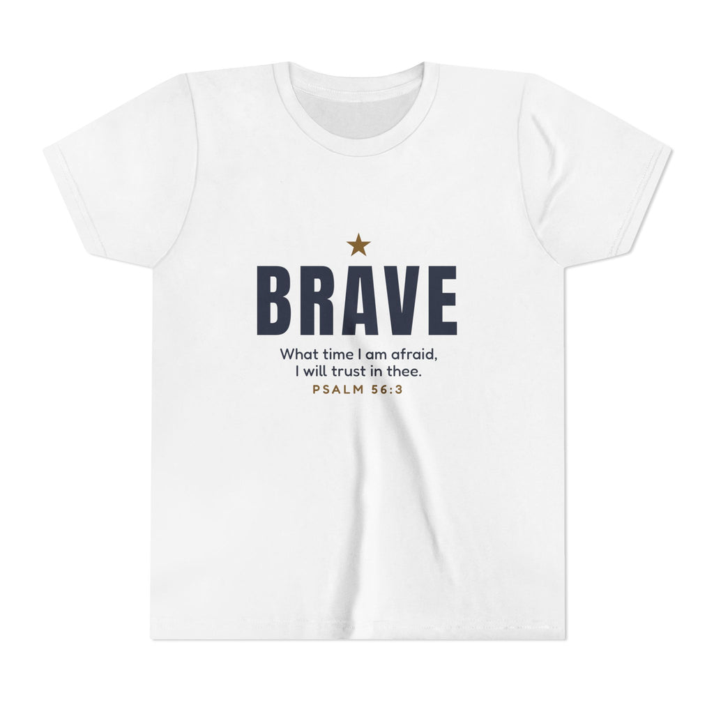 Brave Youth Tee, kids t-shirt, White, front view, BRAVE., Psalm 56:3 (KJV)