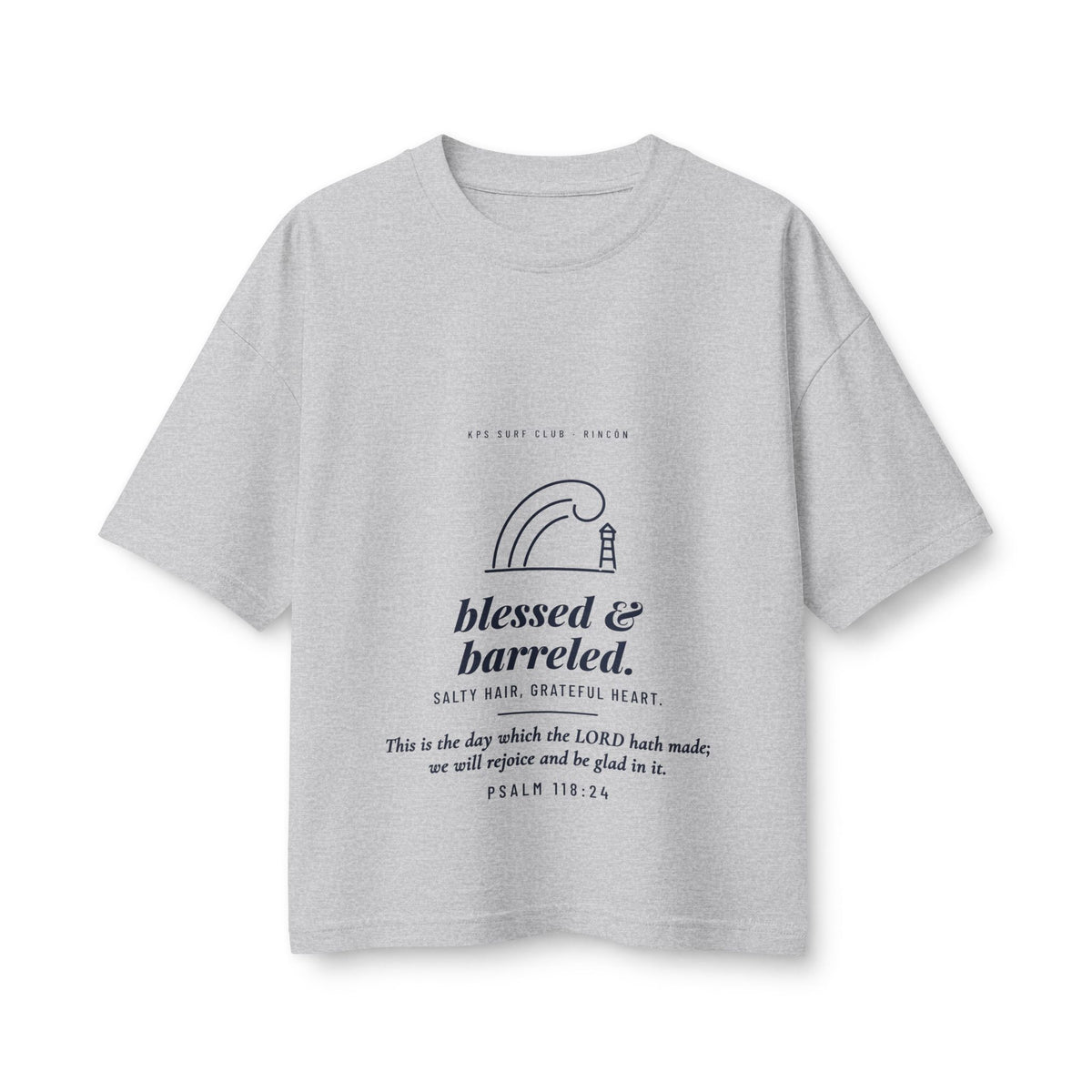 Blessed & Barreled Women's Boxy Tee, Athletic Heather, front view, BLESSED & BARRELED. SALTY HAIR, GRATEFUL HEART. Psalm 118:24 (KJV)