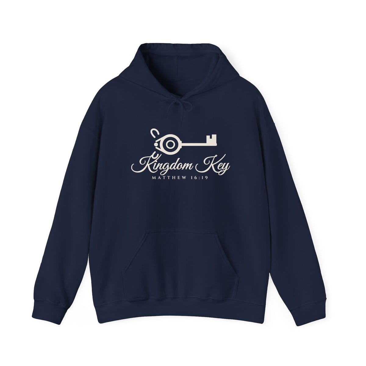 Kingdom Key Hoodie in Navy, front view: key with Kingdom Key script and MATTHEW 16:19, Matthew 16:19 (KJV)