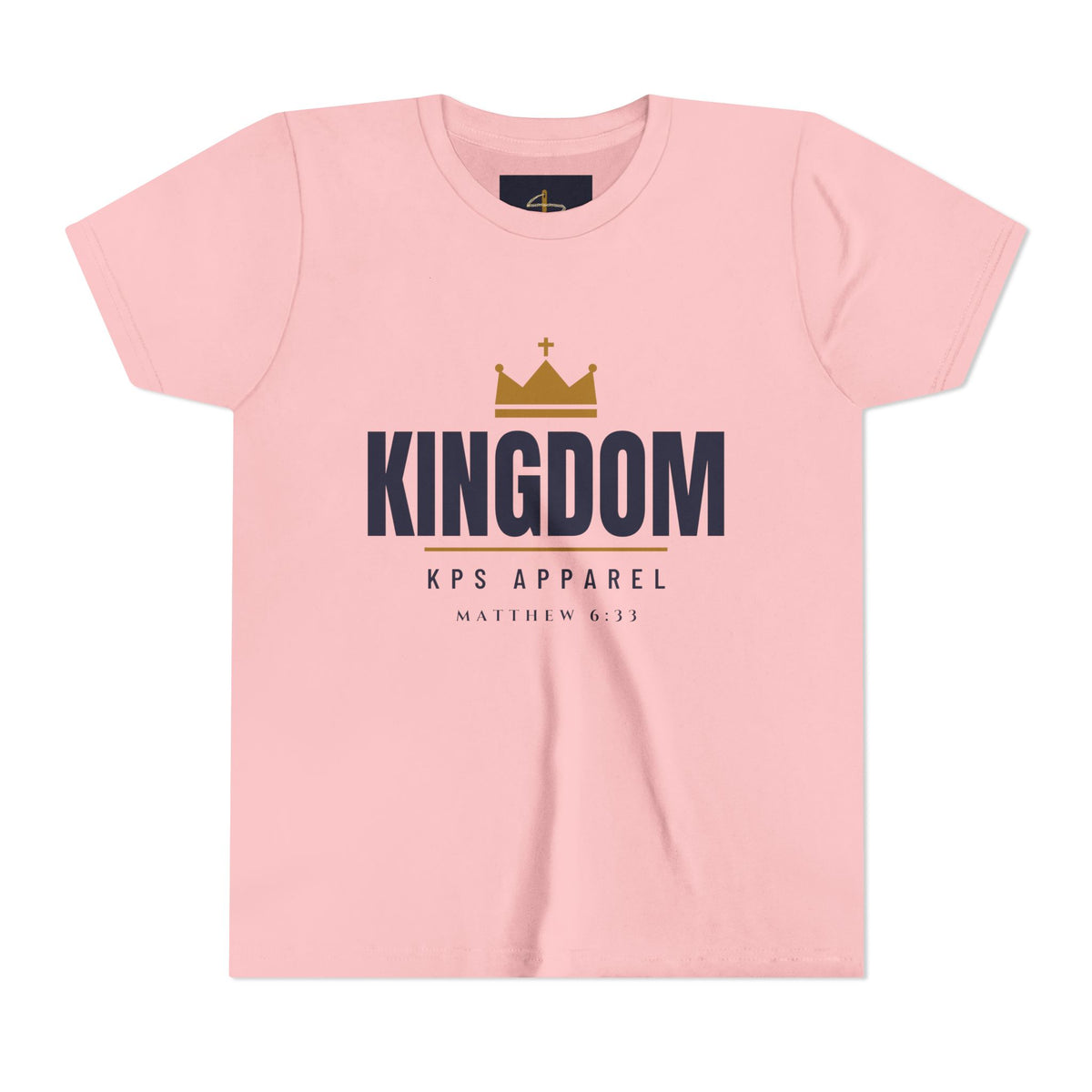 Kids Kingdom Tee in Pink, front print: crown and KINGDOM wordmark, Matthew 6:33 (KJV)