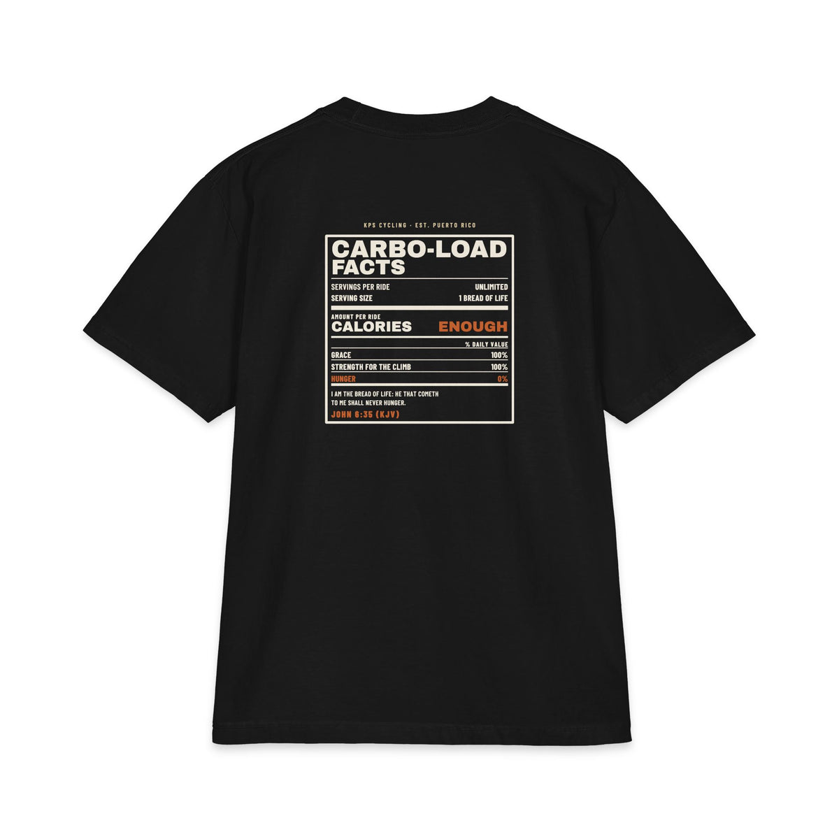 Carbo-Load Facts Cycling Tee, Black, back view, CARBO-LOAD FACTS. John 6:35 (KJV)