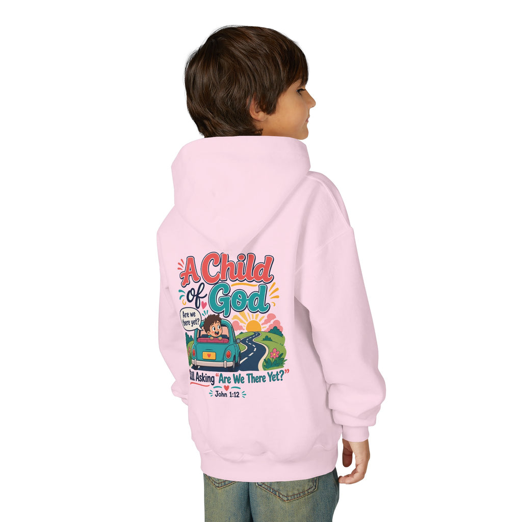 Child of God Youth Hoodie, kids' hoodie, Light Pink, back view, worn by a child, A CHILD OF GOD… STILL ASKING “ARE WE THERE YET?”, 1 John 3:2 (KJV)