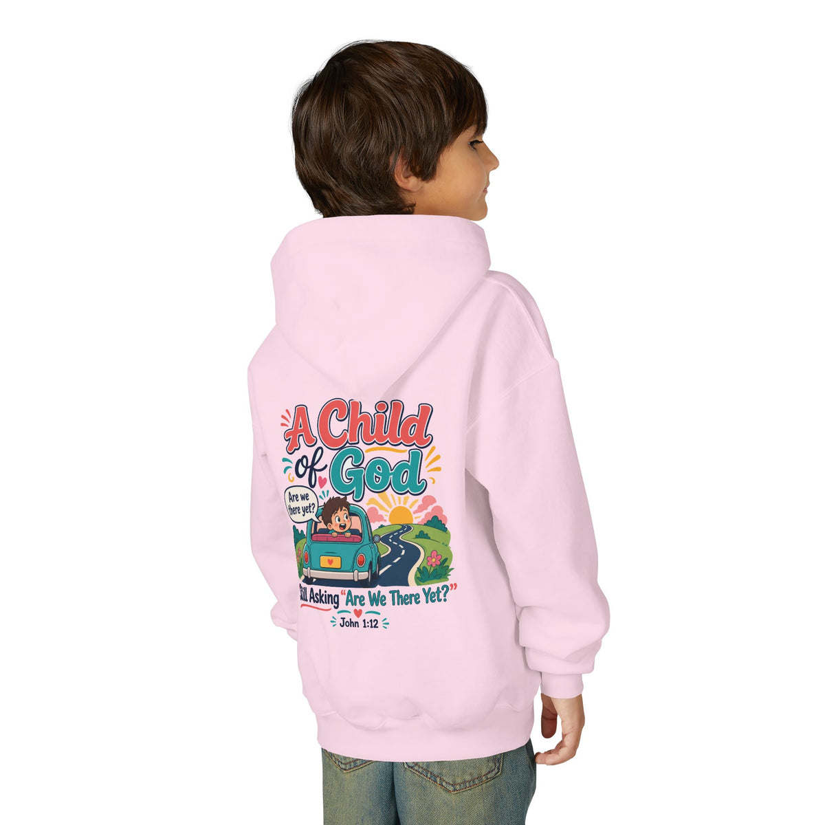 Child of God Youth Hoodie, kids' hoodie, Light Pink, back view, worn by a child, A CHILD OF GOD… STILL ASKING “ARE WE THERE YET?”, 1 John 3:2 (KJV)