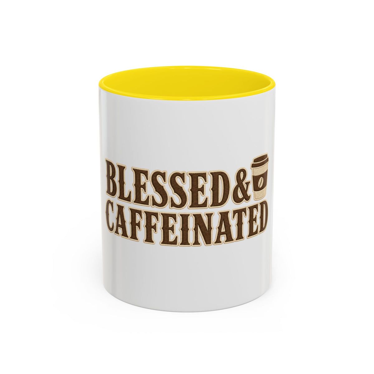 Blessed & Caffeinated Mug, mug, Yellow inside and handle, front view, BLESSED & CAFFEINATED., Lamentations 3:22–23 (KJV)