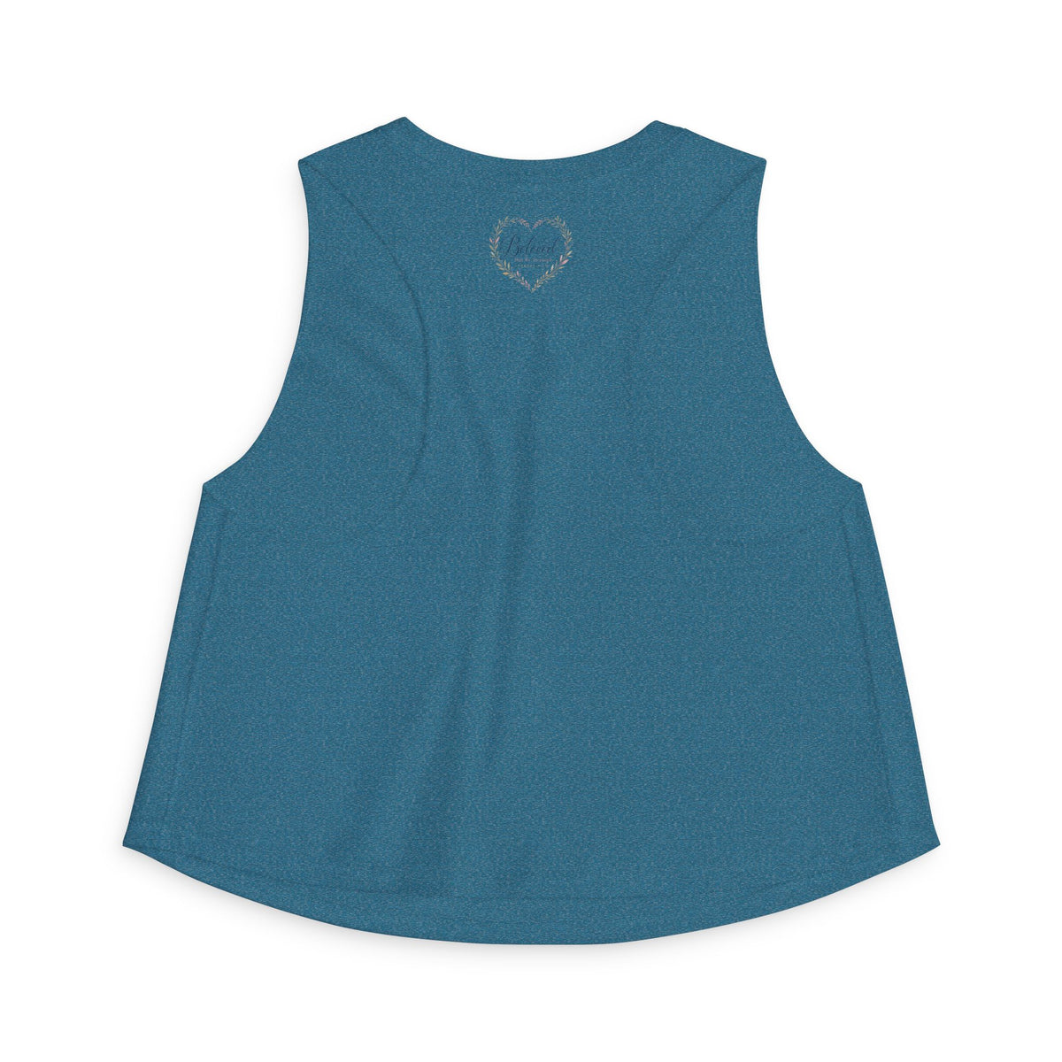 Beloved Crop Tank, crop tank top, Heather Deep Teal, back view, small heart print, BELOVED. NOT BE-STRESSED., Romans 9:25 (KJV)