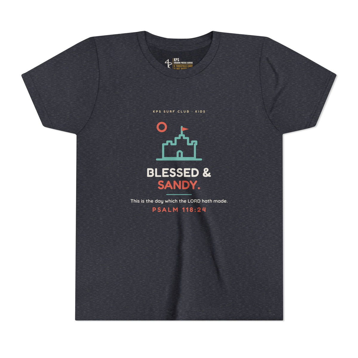 Blessed & Sandy Youth Tee, Heather Navy, front view, BLESSED & SANDY., Psalm 118:24 (KJV)