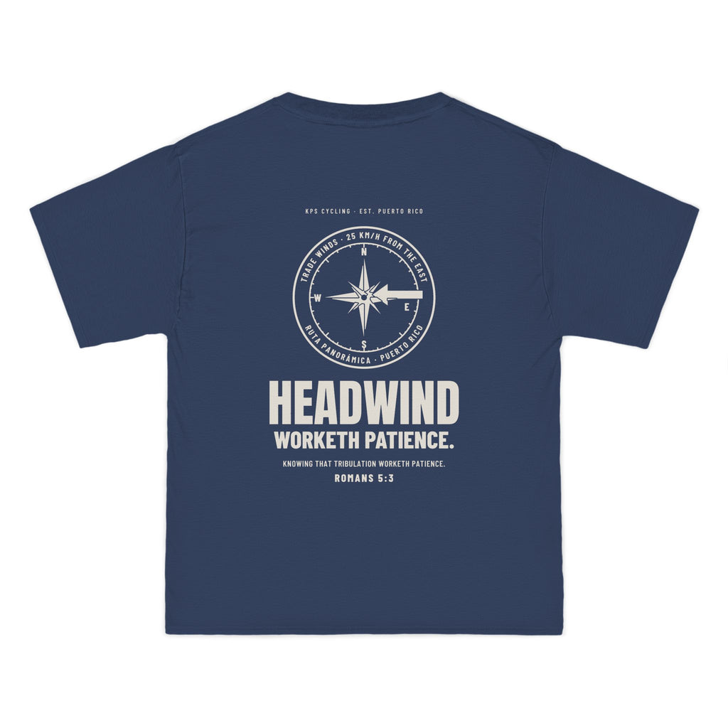 Headwind Worketh Patience Cycling Tee, Denim Blue, back view, HEADWIND WORKETH PATIENCE. Romans 5:3 (KJV)