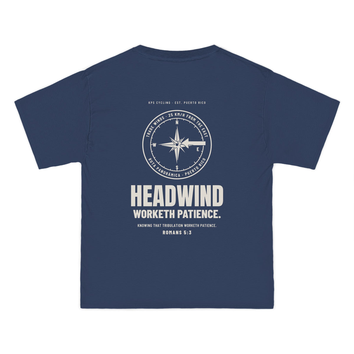 Headwind Worketh Patience Cycling Tee, Denim Blue, back view, HEADWIND WORKETH PATIENCE. Romans 5:3 (KJV)