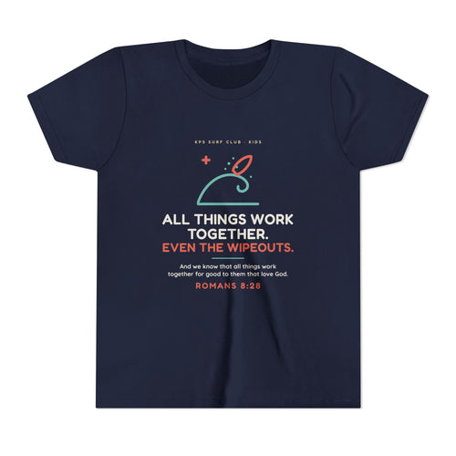 All Things Work Together (Even the Wipeouts) Youth Tee, Navy, front view, ALL THINGS WORK TOGETHER. EVEN THE WIPEOUTS. Romans 8:28 (KJV)