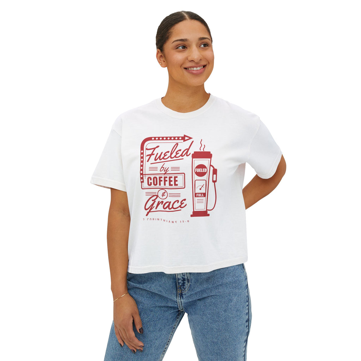Fueled by Coffee & Grace Crop Tee, crop t-shirt, White, front view, worn by a woman, FUELED BY COFFEE & GRACE., 2 Corinthians 12:9 (KJV)