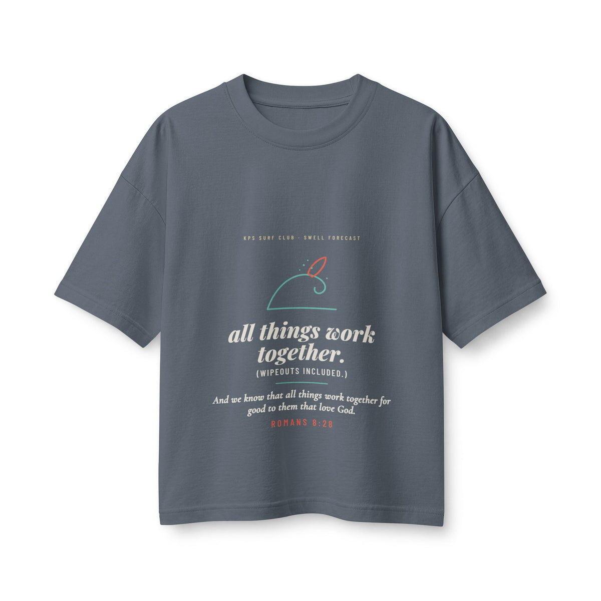 All Things Work Together Women's Boxy Tee, Vintage Navy, front view, ALL THINGS WORK TOGETHER. (WIPEOUTS INCLUDED.) Romans 8:28 (KJV)