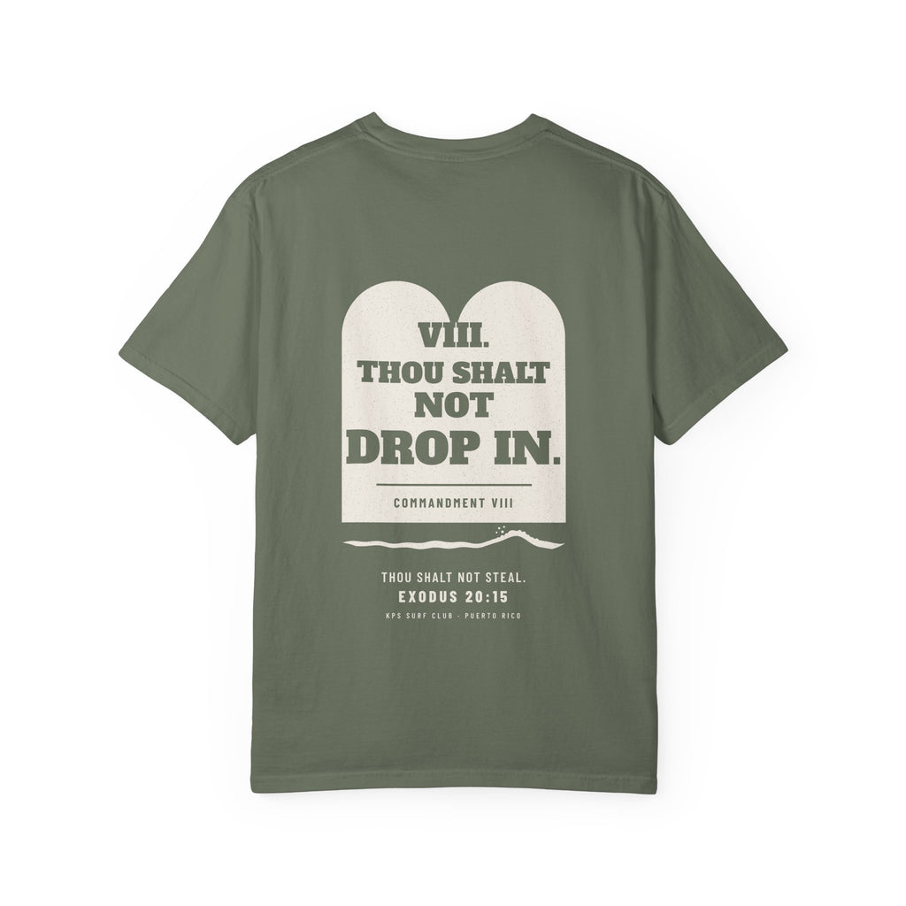 Thou Shalt Not Drop In Surf Tee, Moss, back view, THOU SHALT NOT DROP IN. Exodus 20:15 (KJV)