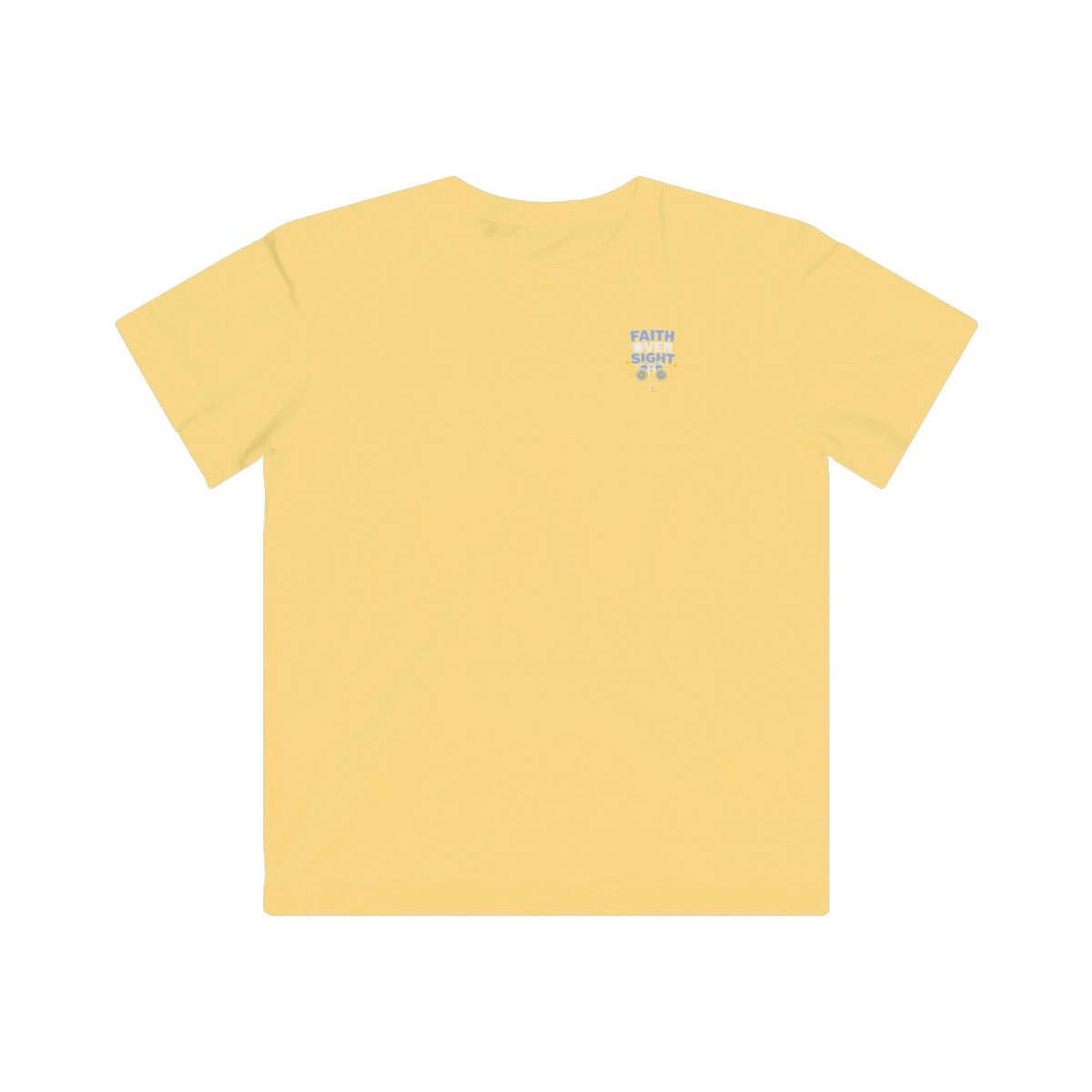 Faith Over Sight Kids Tee, kids' t-shirt, Butter, front view, FAITH OVER SIGHT., 2 Corinthians 5:7 (KJV)