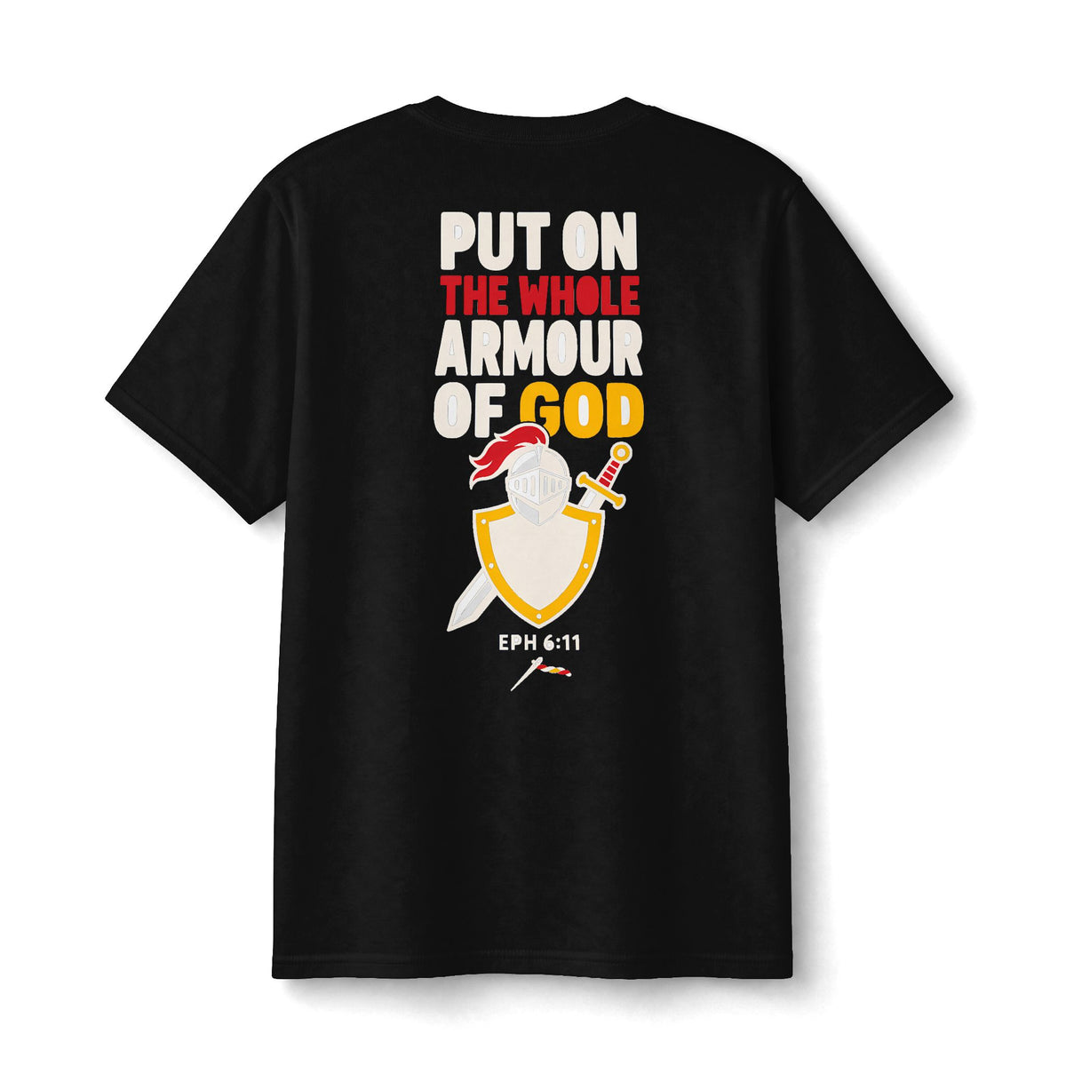 Armor of God Kids Tee in Black, back print: knight and shield, PUT ON THE WHOLE ARMOUR OF GOD, Ephesians 6:11 (KJV)