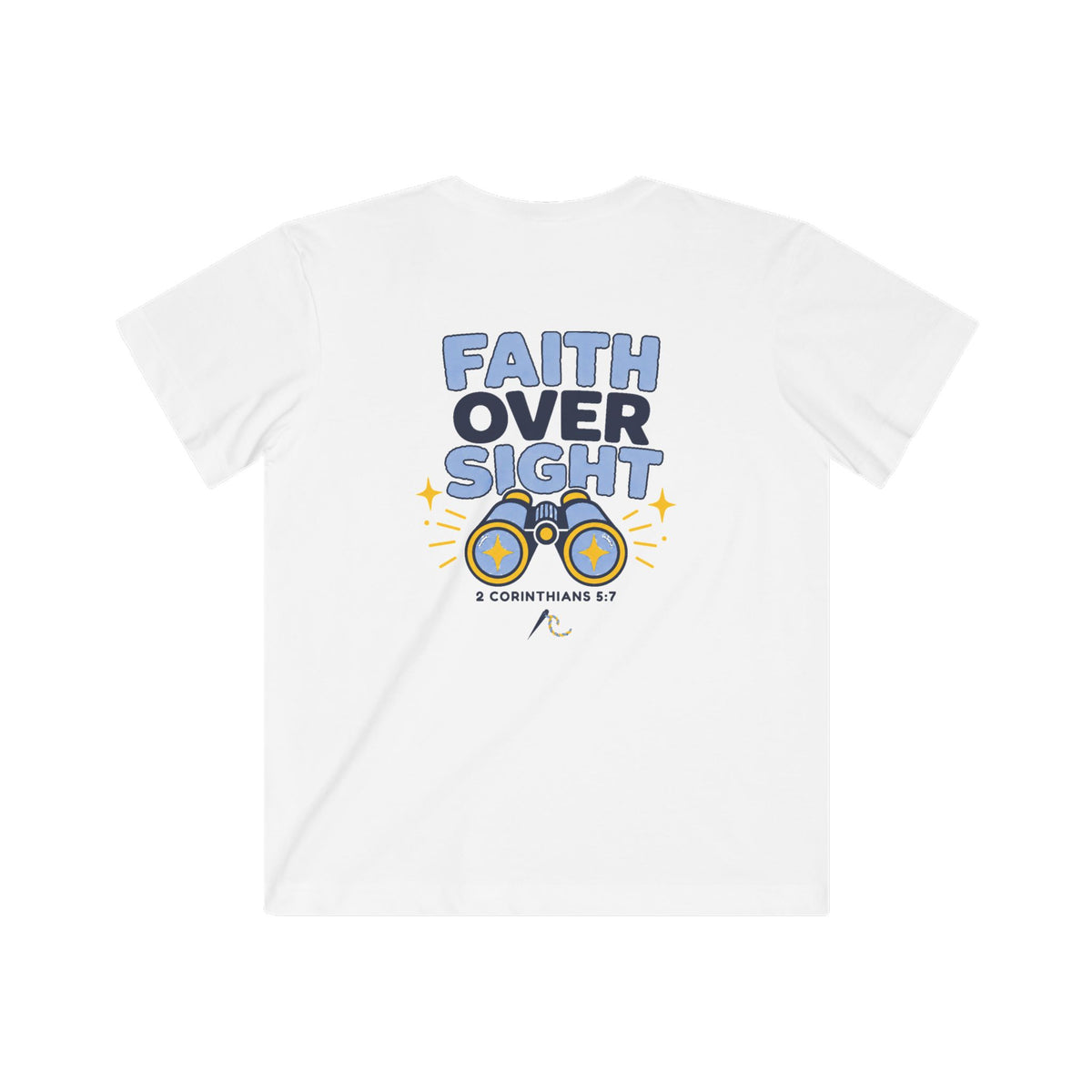 Faith Over Sight Kids Tee, White, back view, FAITH OVER SIGHT., 2 Corinthians 5:7 (KJV)