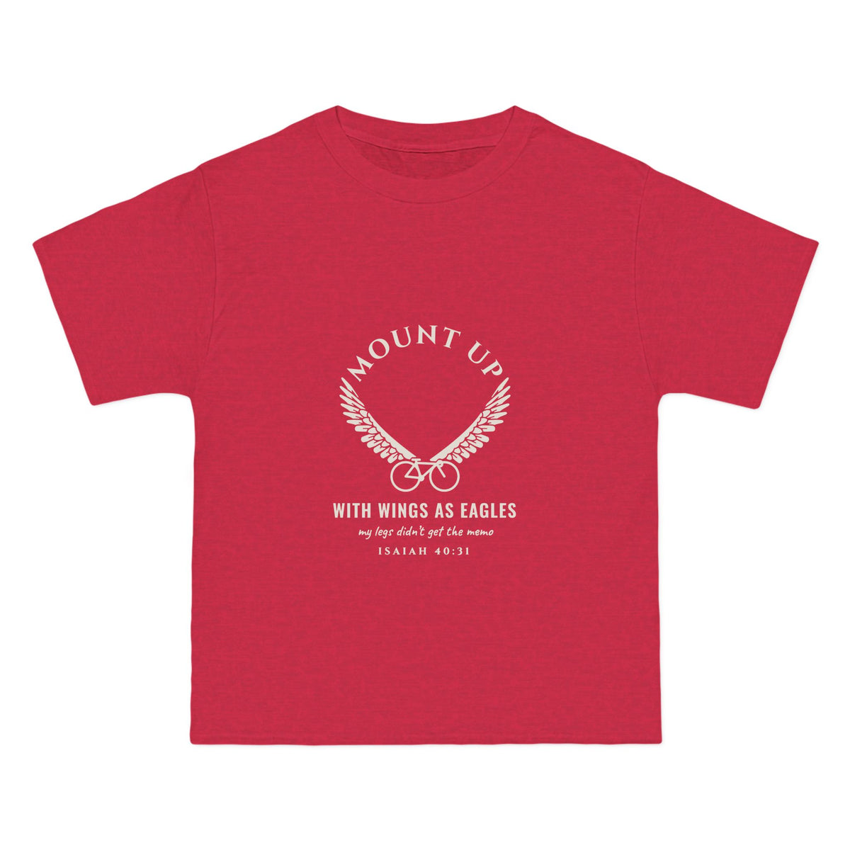 Mount Up (My Legs Didn't Get the Memo) Cycling Tee, Heather Red, front view, MOUNT UP. (MY LEGS DIDN'T GET THE MEMO.), Isaiah 40:31 (KJV)