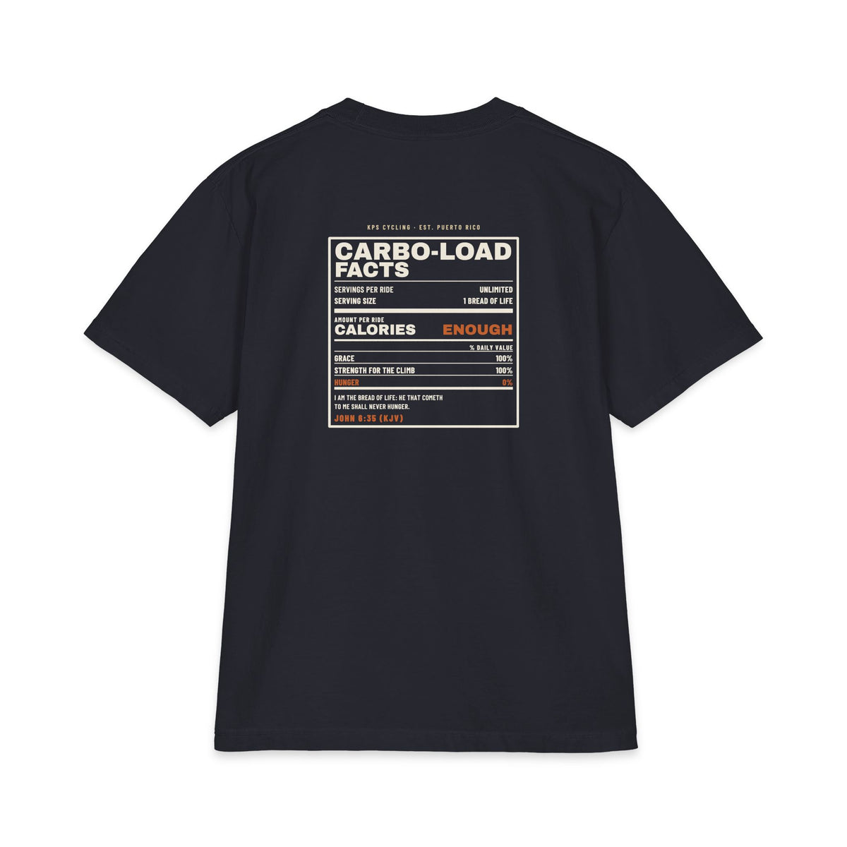 Carbo-Load Facts Cycling Tee, Navy, back view, CARBO-LOAD FACTS. John 6:35 (KJV)