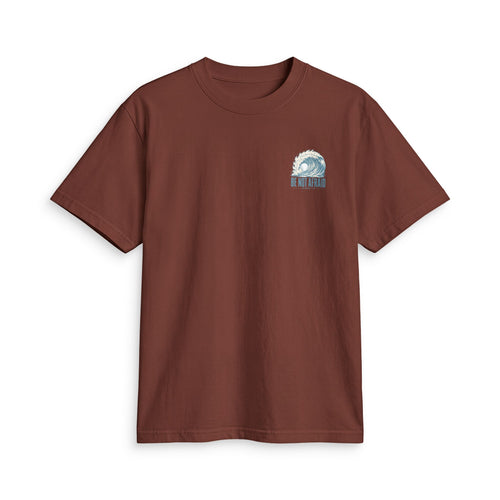 Be Not Afraid Wave Tee in Brown, front view: small wave and BE NOT AFRAID. chest print, Joshua 1:9 (KJV)