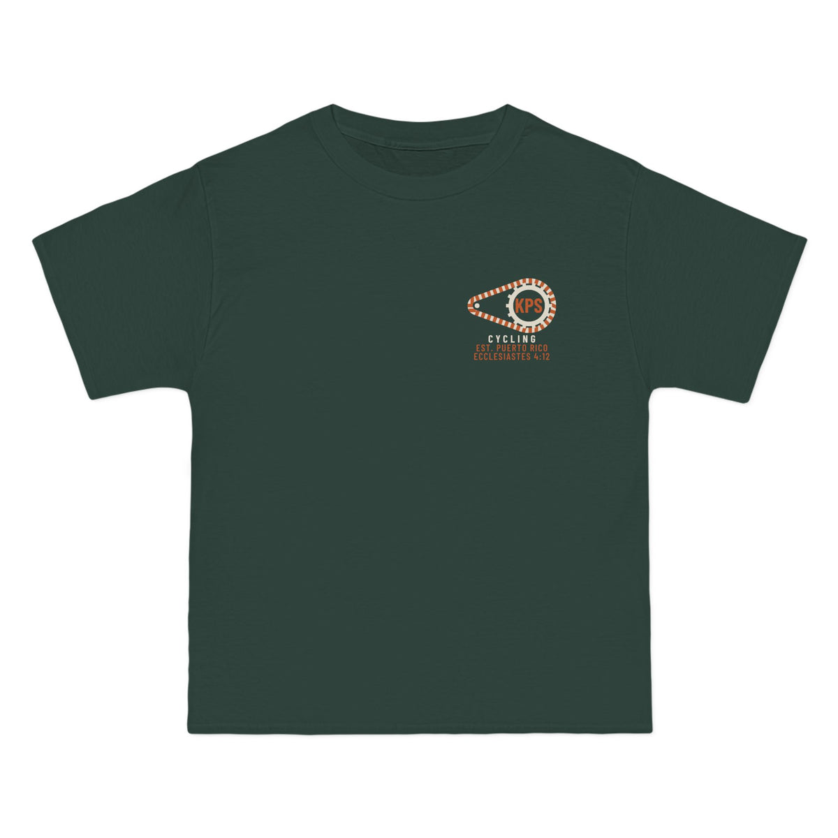 KPS Cycling Club Tee, Deep Forest, front view, KPS CYCLING CLUB. Ecclesiastes 4:12 (KJV)
