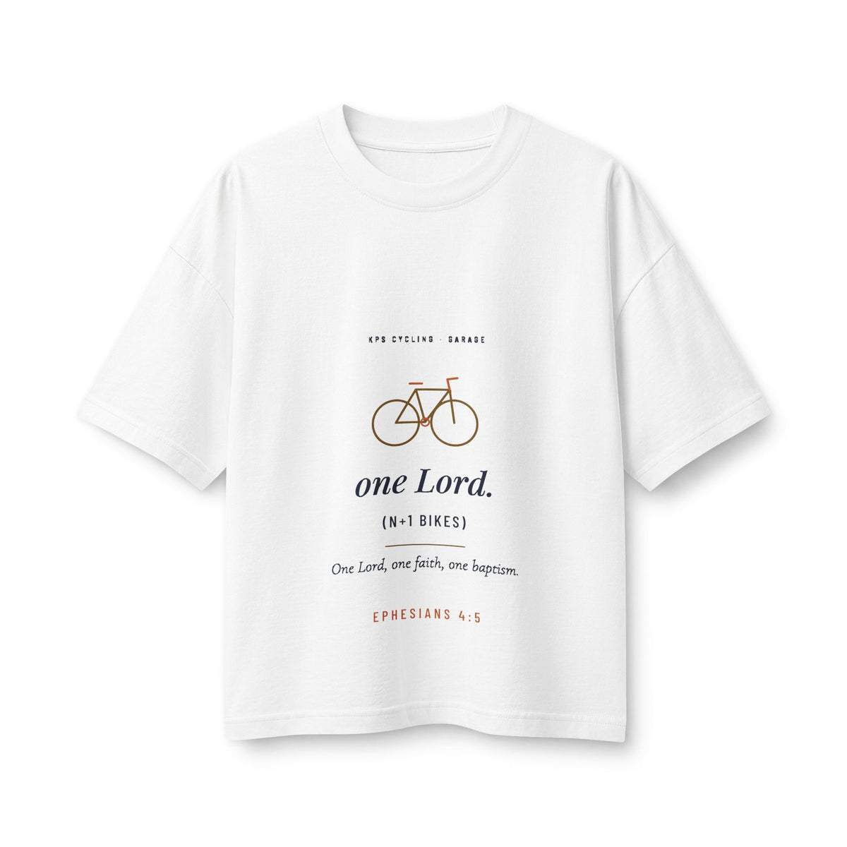 One Lord N+1 Bikes Women's Boxy Tee, White, front view, ONE LORD. (N+1 BIKES.) Ephesians 4:5 (KJV)