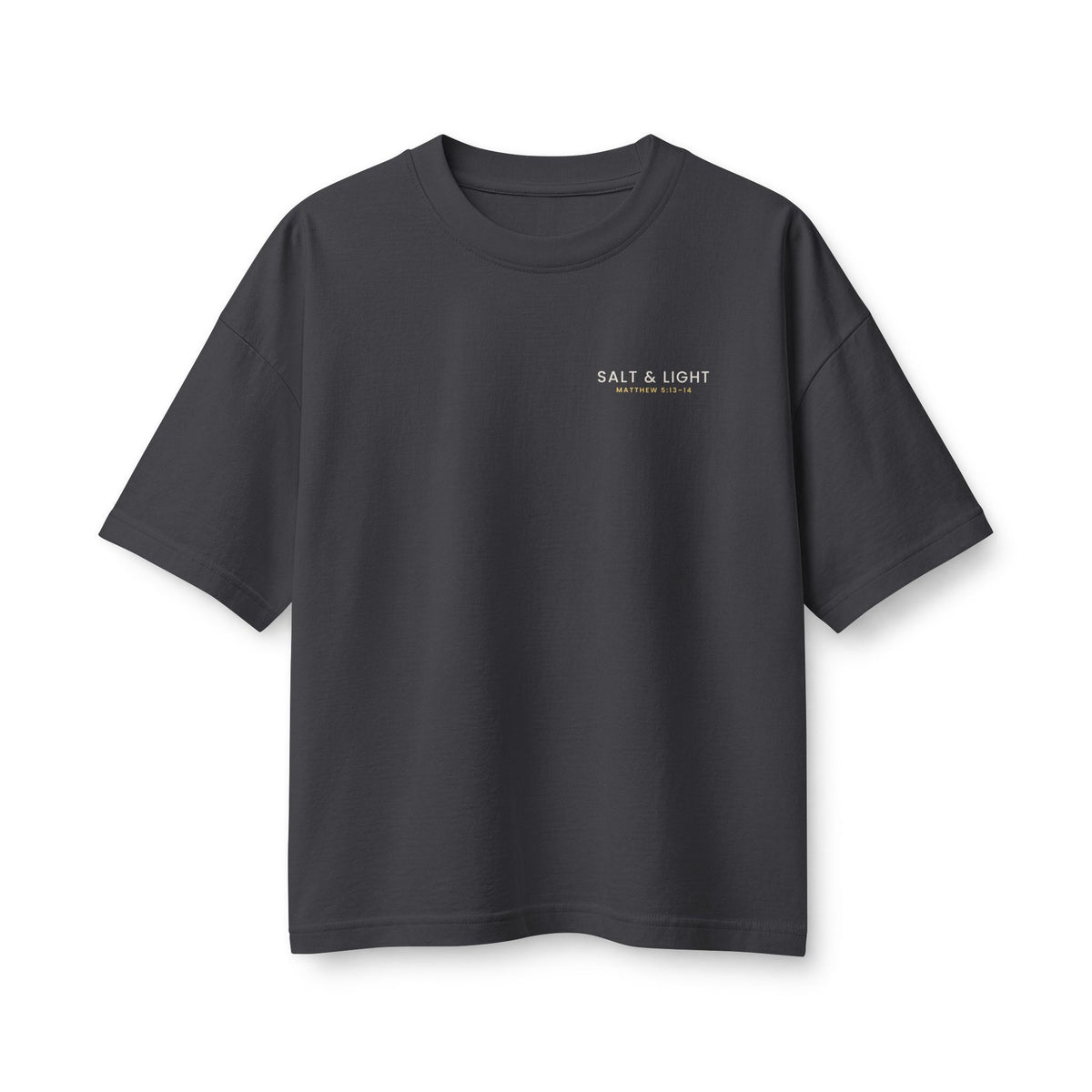 Salt & Light Women's Boxy Tee, Dark Grey, front view, small chest print, SALT & LIGHT., Matthew 5:13–14 (KJV)