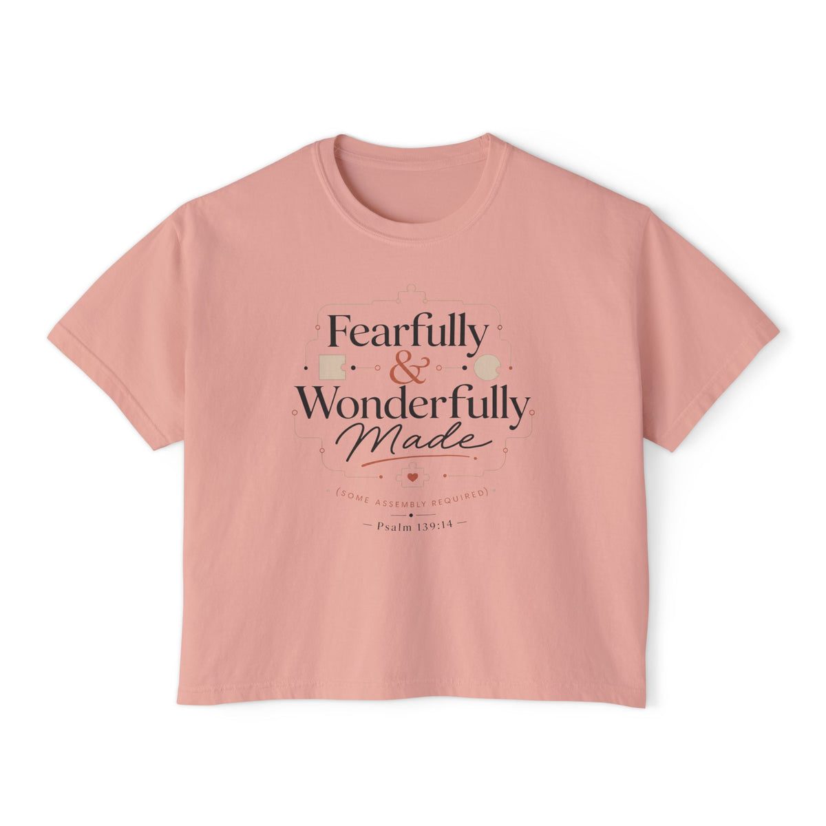 Fearfully Made Crop Tee, crop t-shirt, Peachy, front view, FEARFULLY & WONDERFULLY MADE., Psalm 139:14 (KJV)