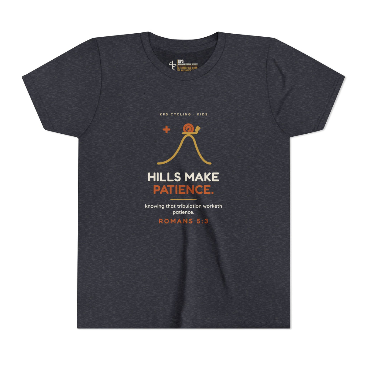 Hills Make Patience Youth Tee, Heather Navy, front view, HILLS MAKE PATIENCE., Romans 5:3 (KJV)