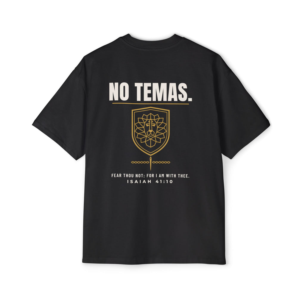 No Temas Lion Heavyweight Tee, t-shirt, Black, back view, back print, NO TEMAS., Isaiah 41:10 (KJV)