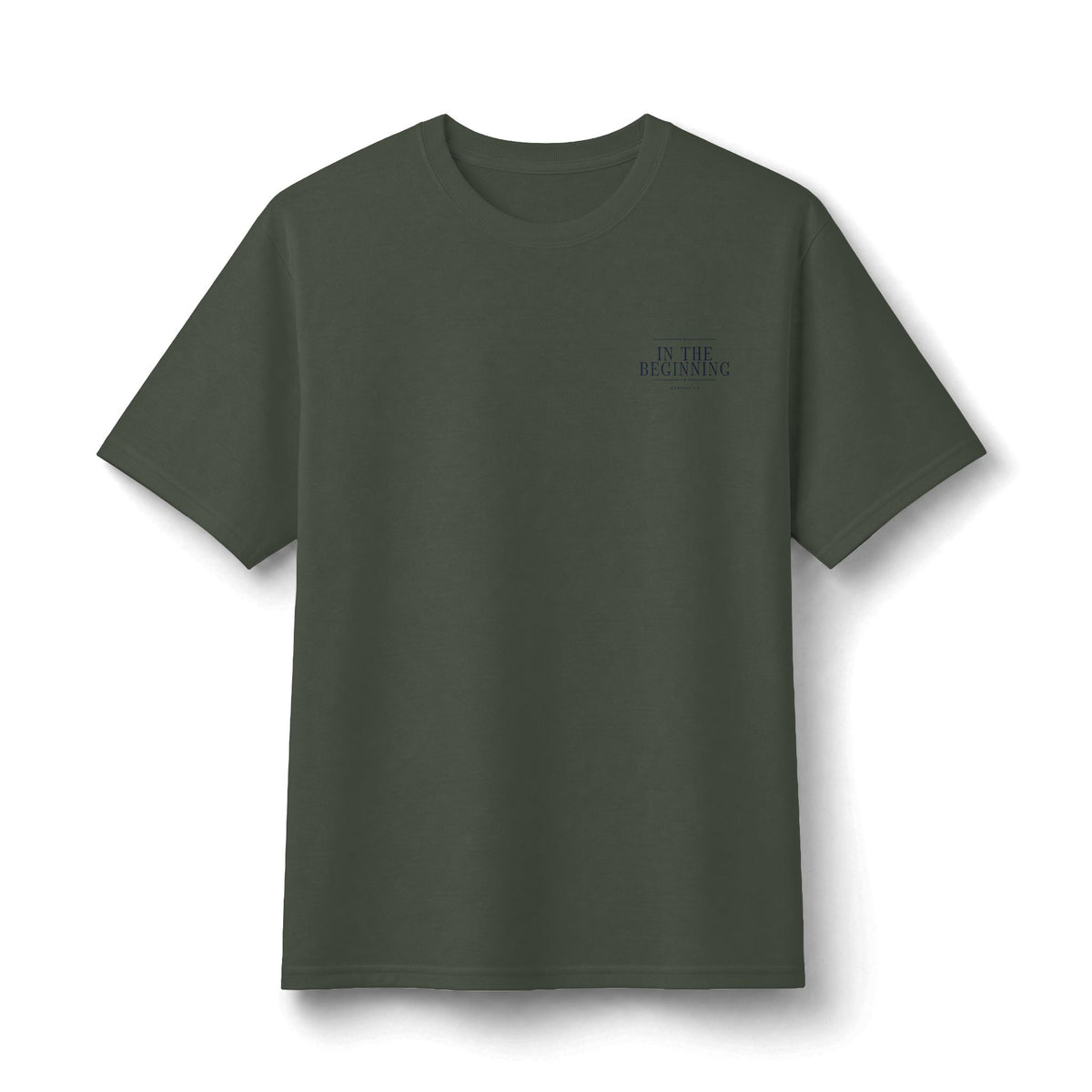 In The Beginning Tee in Khaki, front view: small IN THE BEGINNING chest print, Genesis 1:1 (KJV)
