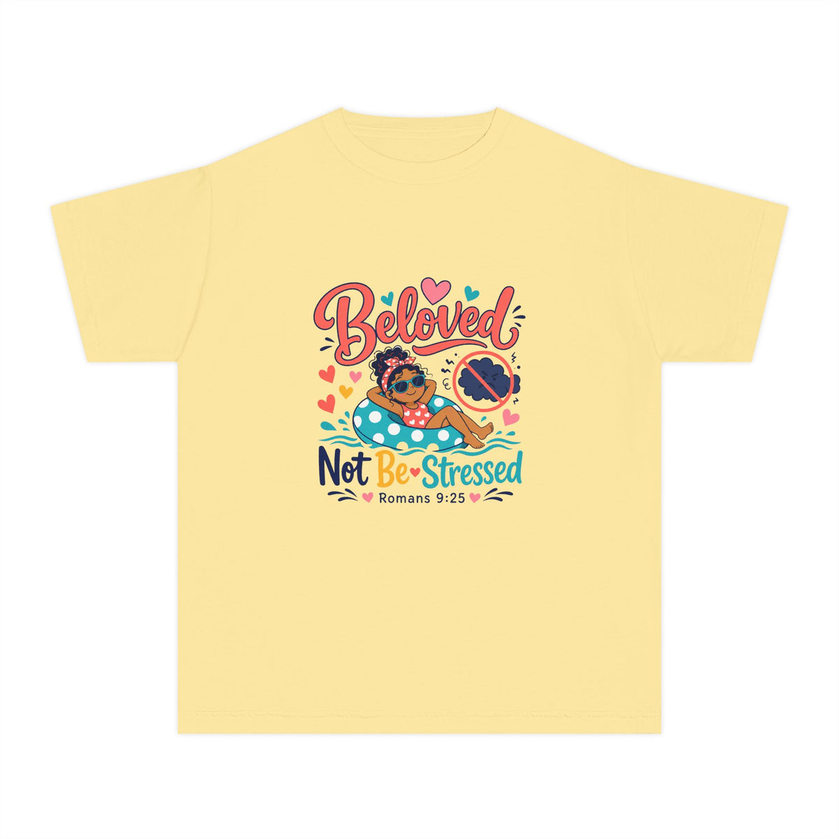 Beloved Youth Tee, kids' t-shirt, Butter, front view, BELOVED. NOT BE-STRESSED., Romans 9:25 (KJV)