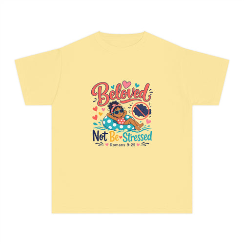 Beloved Youth Tee, kids' t-shirt, Butter, front view, BELOVED. NOT BE-STRESSED., Romans 9:25 (KJV)