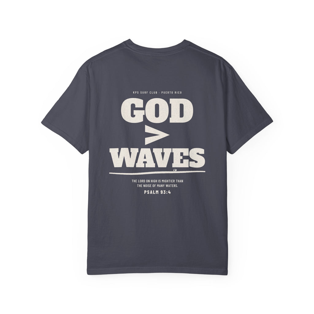 God Greater Than Waves Surf Tee, Navy, back view, GOD > WAVES. Psalm 93:4 (KJV)