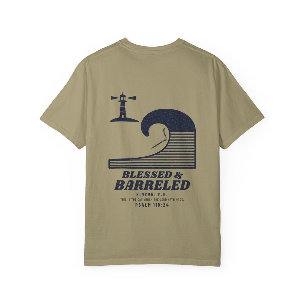Blessed & Barreled Surf Tee, Khaki, back view, BLESSED & BARRELED. Psalm 118:24 (KJV)