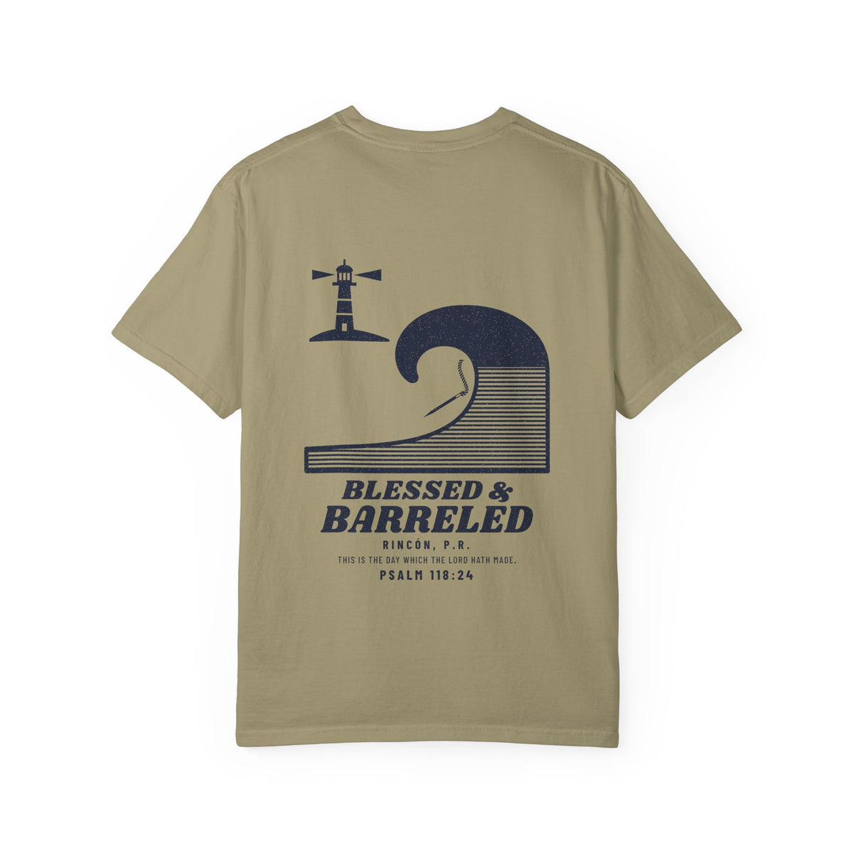 Blessed & Barreled Surf Tee, Khaki, back view, BLESSED & BARRELED. Psalm 118:24 (KJV)