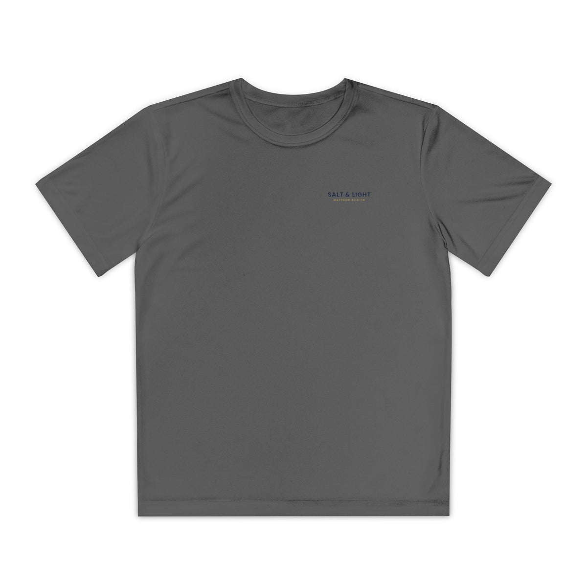 Salt & Light Youth Tee, kids' t-shirt, Iron Grey, front view, SALT & LIGHT., Matthew 5:13–14 (KJV)