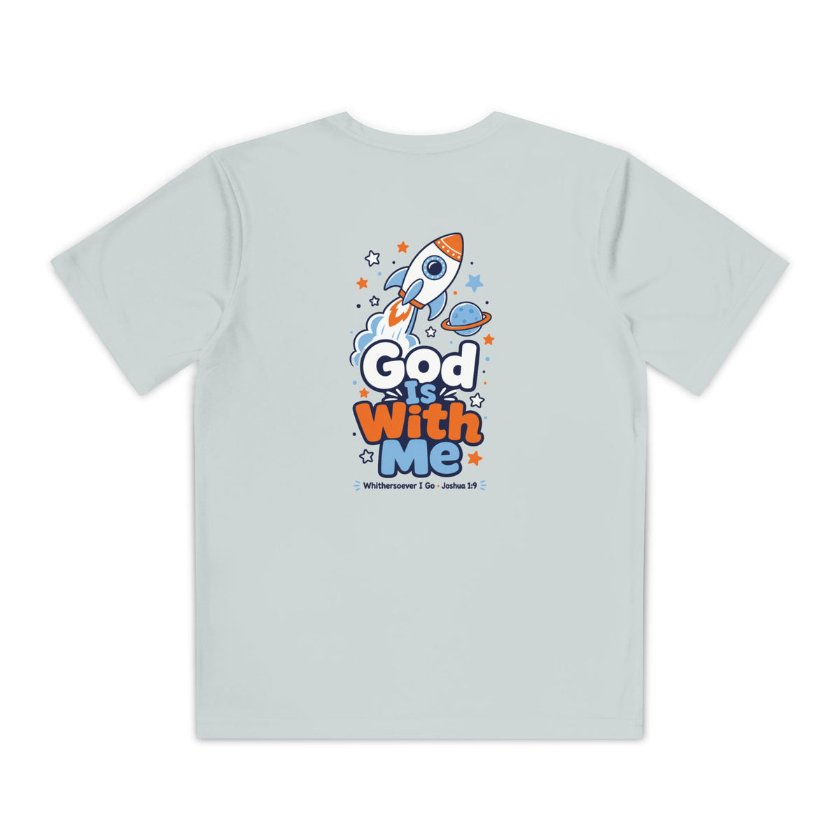God With Me Youth Tee, youth tee, Silver, back view, rocket 'God Is With Me' back print, Joshua 1:9 (KJV)