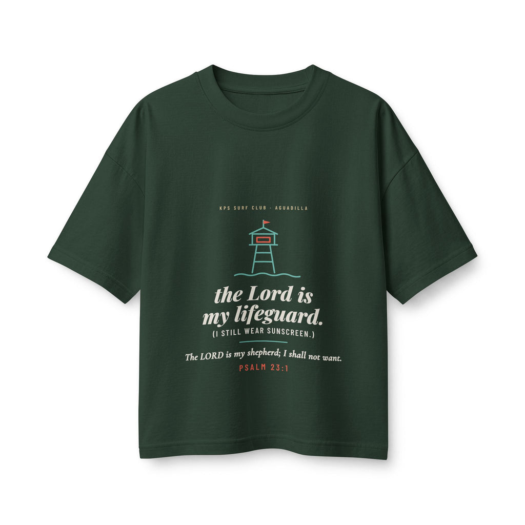The Lord Is My Lifeguard Women's Boxy Tee, Forest, front view, THE LORD IS MY LIFEGUARD. (I STILL WEAR SUNSCREEN.) Psalm 23:1 (KJV)