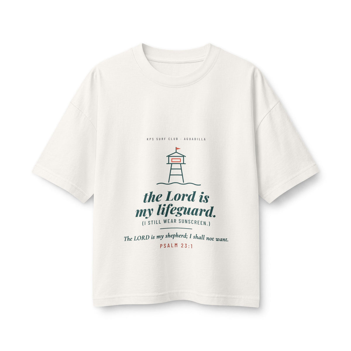 The Lord Is My Lifeguard Women's Boxy Tee, Vintage White, front view, THE LORD IS MY LIFEGUARD. (I STILL WEAR SUNSCREEN.) Psalm 23:1 (KJV)