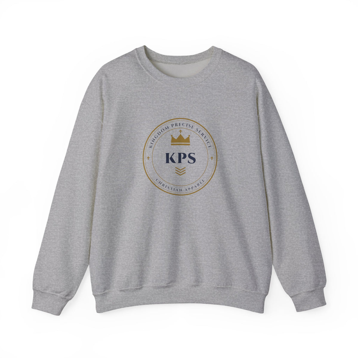 KPS Crest Crewneck, sweatshirt, Sport Grey, front view, SEEK FIRST THE KINGDOM., Matthew 6:33 (KJV)