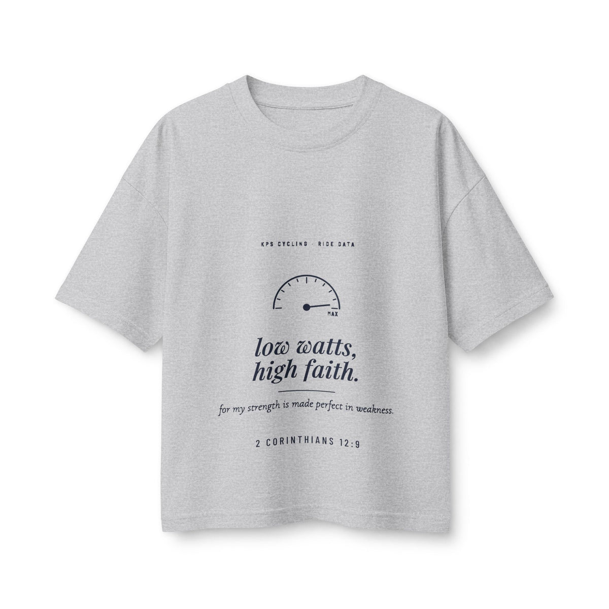 Low Watts High Faith Women's Boxy Tee, Athletic Heather, front view, LOW WATTS. HIGH FAITH. 2 Corinthians 12:9 (KJV)